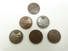 Six Victorian copper half farthings, 1839, 1843, 1844 and 1847, VF/EF