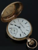 Elgin gold plated keyless winding full hunter pocket watch with inset subsidiary seconds dial, blued