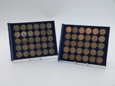 A collection of UK pennies in two collectors' trays to include Victorian 1860s and 1870, mostly