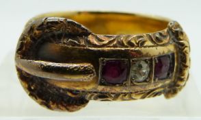 Victorian 18ct gold buckle ring set with rubies and a diamond, Chester 1899, size M
