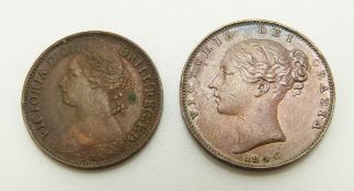 1840 Victorian copper farthing NEF with lustre and toning, together with an 1881 young head Heaton