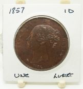 1857 Victorian copper penny with close colon, PT unc, with partial lustre