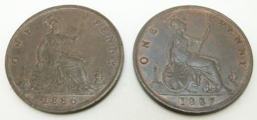1886 and 1887 Victorian bronze pennies, EF, toned with residual lustre
