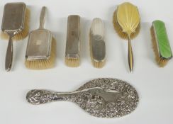 Seven hallmarked silver mounted dressing table items including two with guilloché enamel decoration