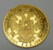 1915 Austrian gold four Ducat coin, 14g