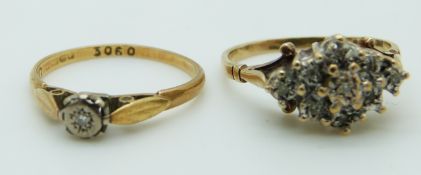 An 18ct gold ring set with a diamond in a platinum setting and a 9ct gold ring set with diamonds,