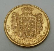 Christian X 1914 Danish gold 20 Kroner coin, 8.98g