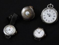 Four various watches comprising J W Benson gun metal keyless winding half hunter pocket watch with