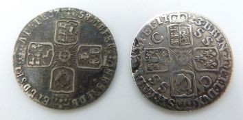 George I 1723 sixpence, SSC in angles reverse, F, together with a George II 1758 old head example,