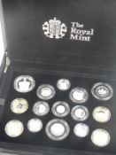 Royal Mint 2013 silver proof coin set comprising 15 coins from five pounds to one penny, including