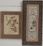Chinese framed embroidered cuff/panel and another embroidery of peafowl, largest 62cm x 25cm