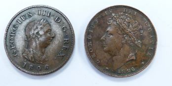 1806 George III farthing, VF, together with 1826 George IV example