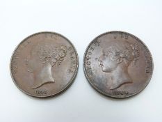 1844 Victorian copper penny, NEF, together with an 1848 NEF example