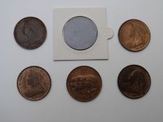 Five late Victorian veiled head pennies comprising 1896, 1897, 1898, 1899 and 1901, together with an