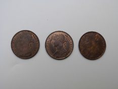 1886, 1887 and 1889 Victorian bronze pennies, EF or NEF with lustre, 3 coins