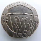 Royal Shield of Arms, undated error obverse 20 pence coin (2008) mule, Spink 4636A, EF+