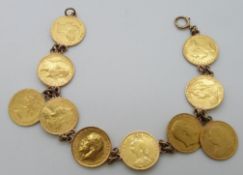 A 9ct gold bracelet set with ten various gold half sovereigns on a bracelet including George III,