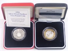 Two cased Royal Mint silver proof Piedfort two pound coins comprising 1994 Tercentenary and Act of