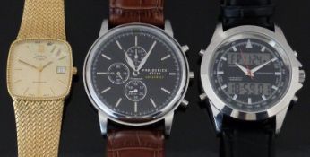 Three various gentleman's wristwatches comprising Frederick Stein chronograph with steel hands,