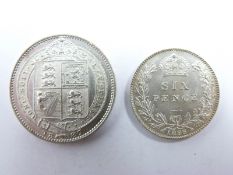 1887 Jubilee head Victorian shilling, NEF, together with a veiled head 1895 sixpence, unc