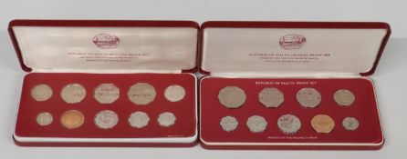Franklin Mint Republic of Malta cased proof coin sets for 1977 and 1979, includes some silver