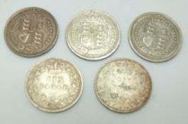 Three Victorian Jubilee head sixpences for 1887, all VF+, together with two young head examples