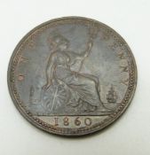 1860 Victorian young head bronze penny, LCW below shield, four windows to lighthouse, thumb touching