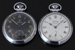 Two Services railway style keyless winding open faced pocket watches one with inset subsidiary