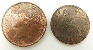 1860 Victorian halfpenny with lustre, beaded border, near unc together with an 1853 copper example