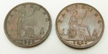 1860 young head Victorian farthing NEF together with an 1881 Heaton Mint example EF-UNC with some