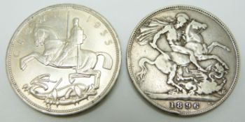 Victorian 1896 old head crown together with a 1935 George V 'rocking horse' crown
