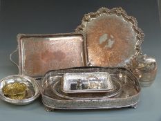 Four silver plated trays including a galleried example, length 47cm, entree dishes, biscuit barrel