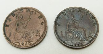 1860 young head Victorian farthing together with an 1866 example, both EF+ but with striking flaws
