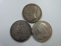 A trio of Victorian crowns to include young head 1844 VIII with star stops, 1898 LXII veiled head