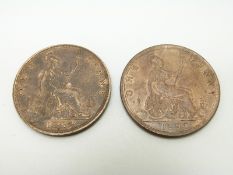 1890 Victorian later young bust bronze penny, OT TB with lustre, EF+ - unc, together with an 1882