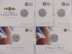 Five Royal Mint £20 fine silver coins comprising three 2015 Longest Reigning Monarch and two 2013