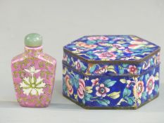 Chinese enamel hexagonal box and a ceramic snuff bottle with character marks to base, tallest 6cm
