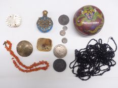 A collection of jewellery including coral necklace, mother of pearl buckle, Victorian yellow metal