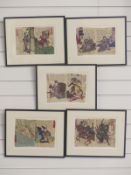 Five Utagawa Yoshiiku Japanese Meiji period coloured signed woodblock prints on crepe paper, 19cm