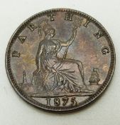 1875 young head Victorian farthing with lustre and toning EF, UNC