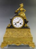 Nineteenth century gilt brass mantel clock with enamel Roman dial, brass filigree hands, French