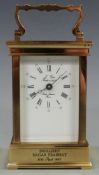 Late twentieth century French brass carriage clock L'Epee, Sainte Luxanne to white Roman dial,