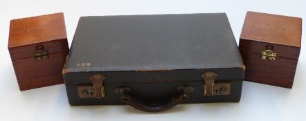 Leather attaché case with fitted interior and monogram, vintage darts, Wray of London wooden box,