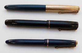 Three Parker fountain pens comprising 51 with teal barrel and gold plated cap, Premiere with black