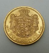Frederik VIII 1911 Danish gold 20 Kroner coin, 8.98g