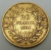 1854 Napoleon III Empire Francais gold 20 franc coin, 6.42g