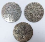 Three 1787 George III sixpences with hearts, all F+