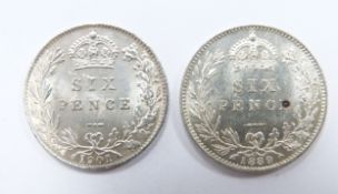 1901 old head Victorian sixpence together with an 1889 Jubilee head example, both unc