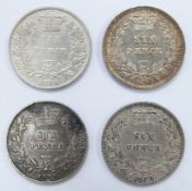 Three Victorian young head sixpences for 1879 and a further example for 1860, grades F-VF