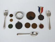 Three hallmarked silver teaspoons and hallmarked silver napkin ring, weight 54g, 1860 Napoleon III